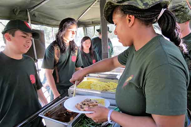 Food at the camp is provided by a military mobile kitchen