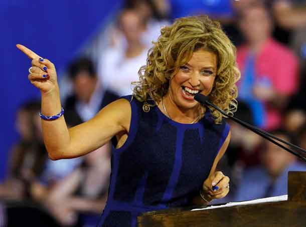 Democratic National Committee (DNC) Chairwoman Debbie Wasserman Schultz speaks at a rally, before the arrival of Democratic U.S. presidential candidate Hillary Clinton and her vice presidential running mate U.S. Senator Tim Kaine, in Miami, Florida, U.S. July 23, 2016. Picture taken July 23, 2016.  REUTERS/Scott Audette