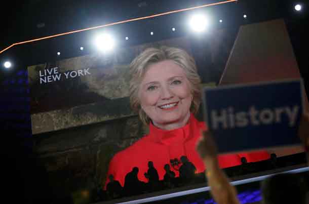 Democratic presidential nominee Hillary Clinton addresses the Democratic National Convention via a live video feed from New York during the second night at the Democratic National Convention in Philadelphia, Pennsylvania, U.S. July 26, 2016. REUTERS/Mark Kauzlarich