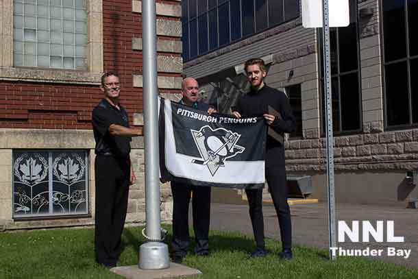The Pittsburgh Penquin's flag raised at the Northwestern Ontario Sports Hall of Fame today by Matt Murray - Penquin's Goalie, Thunder Bay Mayor Keith Hobbs.