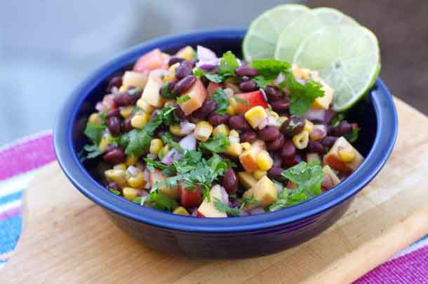 Corn, Black Bean and Stone Fruit Salad With Cilantro. Midsummer’s fresh plums and peaches give this simple salad a sweet juicy goodness. Mix the fruit with fresh corn and black beans dressed with lemon, cayenne pepper and black salt. Credit: Copyright 2016 Rinku Bhattacharya