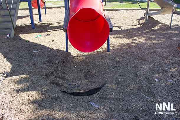 Children sliding down the slide catch their feet and fall face first in Limbrick.