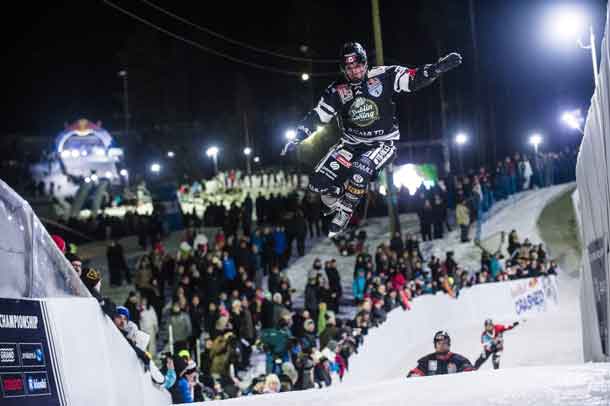 Scott Croxall of Canada performs during the finals at the second stage of the ATSX Ice Cross Downhill World Championship at the Red Bull Crashed Ice in Jyvaskyla-Laajis, Finland on January 21, 2017.