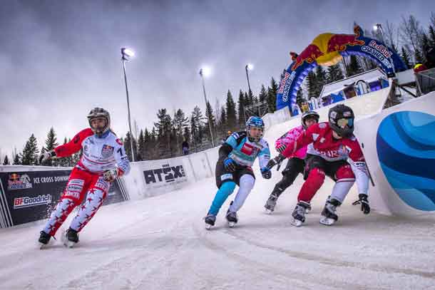 Derek Wedge of Switzerland, Matt Johnson of the United States, Markus Juola of Finland and John Fisher of Canada compete at the second stage of the ATSX Ice Cross Downhill World Championship at the Red Bull Crashed Ice in Jyvaskyla, Finland on January 19, 2017. // Sebastian Marko/Red Bull Content Pool // P-20170119-00328 // Usage for editorial use only // Please go to www.redbullcontentpool.com for further information. //