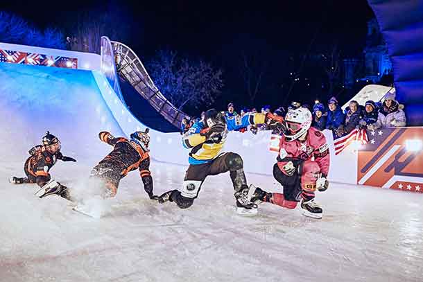 Cameron Naasz of the United States, Dean Moriarity of Canada, Marco Dallago of Austria and Kyle Croxall of Canada compete during the finals at the third stage of the ATSX Ice Cross Downhill World Championship at the Red Bull Crashed Ice in Saint Paul, Minnesota, United States on February 4, 2017. // Balazs Gardi/Red Bull Content Pool // P-20170205-00087 // Usage for editorial use only // Please go to www.redbullcontentpool.com for further information. //