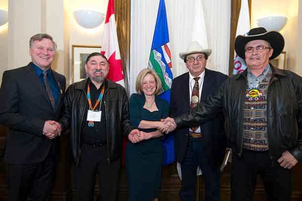 Minister Feehan, Chief Stanley Grier, Premier Notley, Chief Roy Fox, Chief Joe Weasel Child
