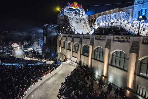 Cameron Naasz of the United States, Antti Tolvanen of Finland, Tristan Dugerdil and Pacome Schmitt of France perform during the eighth stage of the ATSX Ice Cross Downhill World Championship at the Red Bull Crashed Ice in Ottawa, Canada on March 4, 2017. // Joerg Mitter / Red Bull Content Pool //