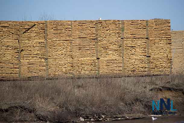 Lumber stacked at Mission Sawmill in Thunder Bay Ontario