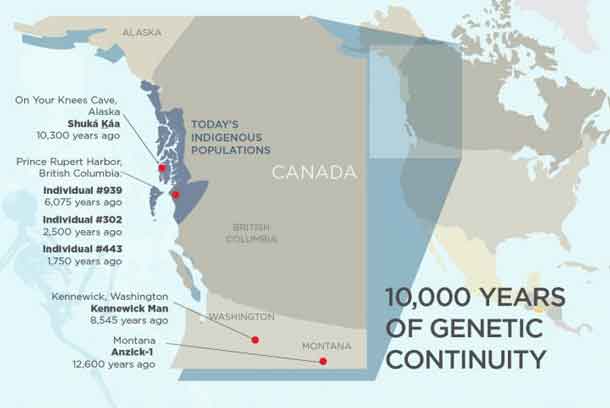 Researchers are analyzing DNA from ancient individuals found in southeast Alaska, coastal British Columbia, Washington state and Montana. A new genetic analysis of some of these human remains finds that many of today's indigenous peoples living in the same regions are descendants of ancient individuals dating to at least 10,300 years ago. CREDIT: Graphic by Julie McMahon, University of Illinois