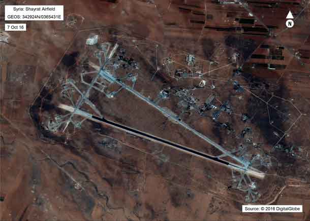 Shayrat Airfield in Homs, Syria is seen in this DigitalGlobe satellite image released by the U.S. Defense Department on April 6, 2017 after announcing U.S. forces conducted a cruise missile strike against the Syrian Air Force airfield.   DigitalGlobe/Courtesy U.S. Department of Defense/Handout via REUTERS