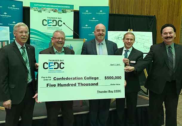 The Thunder Bay CEDC committed $500,000 to Confederation College’s TEC Hub at an announcement on April 7. Pictured from left are: Confederation College’s Vice President, College Services Ken Adams and President Jim Madder, City of Thunder Bay Mayor Keith Hobbs, and the Thunder Bay CEDC’s Board Member Peter Marchl and Senior Development Officer Richard Pohler.
