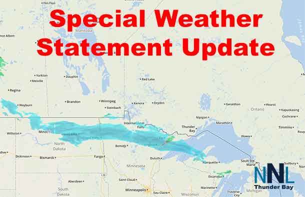 The band of precipitation will slide into Northwestern Ontario creating a late-season winter storm