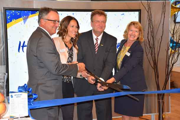 David Tamblyn, Chair of Lakehead's Board of Governors, Andrea Tarsitano, Associate Vice-Provost Enrolment and Registrar, Dr. Brian Stevenson, Lakehead's President and Vice-Chancellor, and Dr. Moira McPherson, Provost and Vice-President, Academic, cut the ribbon to officially open Lakehead University's new Student Central. 