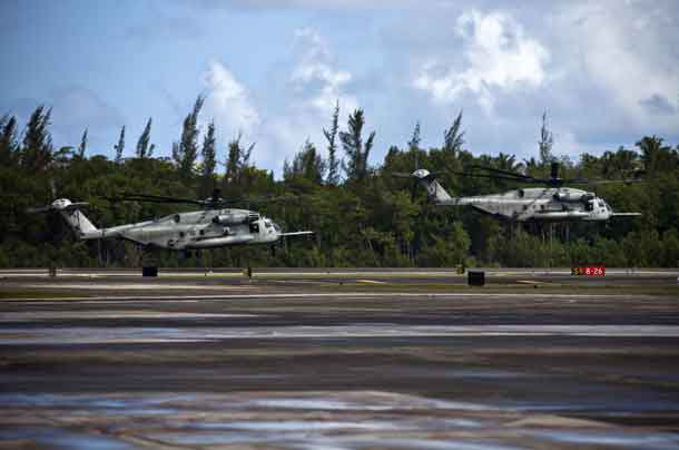 Marine Corps CH-53E Super Stallion helicopters lift off from the runway at Muñiz Air National Guard Base in Carolina, Puerto Rico, Sept. 18, 2017. The helicopters and crews are assigned to Joint Task Force Leeward Islands, U.S. Southern Command’s primary response to Hurricane Irma. The aircraft were being relocated to Aguadilla, Puerto Rico, in preparation for Hurricane Maria. Marine Corps photo by Cpl. Melanie Kilcline