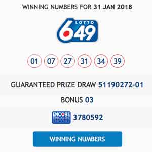 Winning Lotto 649 numbers from January 31 2018 draw