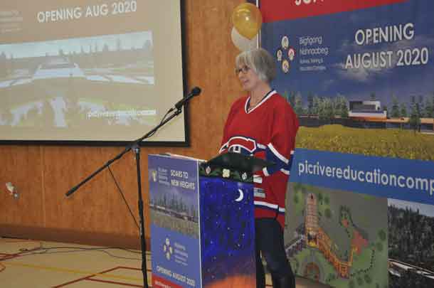 Minister Patty Hajdu sporting her Montreal Canadians Jersey speaks at the ground breaking ceremony