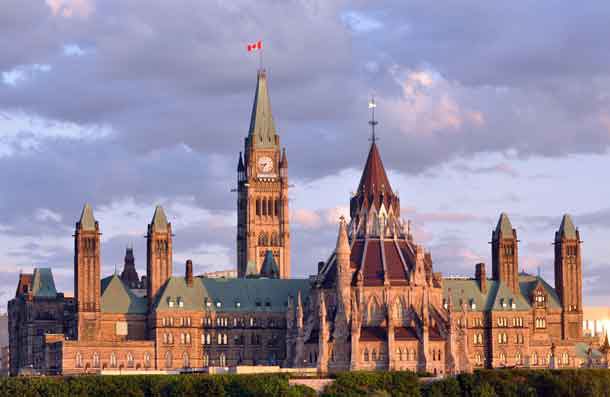 The back of the Parliament Building in Ottawa taken before sunset. The Peace Tower is in the background and the Library is in the foreground.
