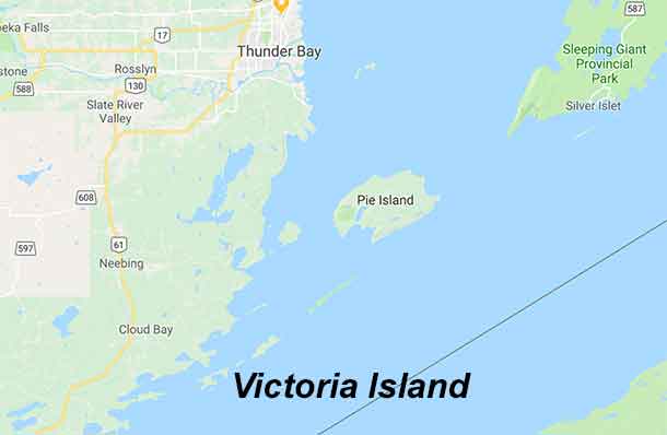 Map showing Victoria Island in Neebing south of Thunder Bay on Lake Superior