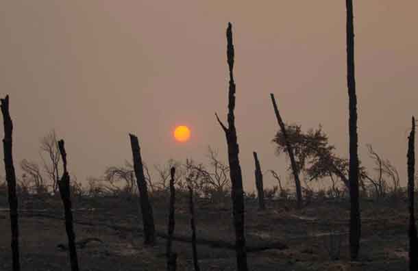 The sun sets over hills burned by the Carr Fire west of Redding, California, U.S. July 28, 2018. REUTERS/Bob Strong