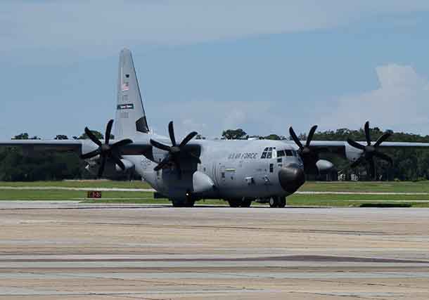 An Air Force Reserve 53rd Weather Reconnaissance Squadron WC-130J Super Hercules aircraft departs Keesler Air Force Base, Miss., to operate out of Savannah/Hilton Head International Airport, Savannah, Ga., Sept. 9, 2018. The airmen were flying reconnaissance missions into Hurricane Florence. Air Force photo by Lt. Col. Marnee A.C. Losurdo 