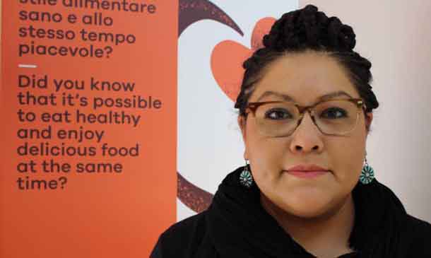 Denisa Livingston, a Navajo Nation member and organiser of a grassroots organisation that spearheaded the first-ever junk food tax in the U.S., poses at the Slow Food Terra Madre festival in Turin, Italy, on Sep 23, 2018. Thomson Reuters Foundation/Thin Lei Win