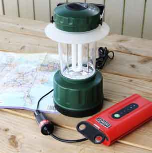 Weego Jump Starter 44 powers a 12V lantern (with 12v accessory).