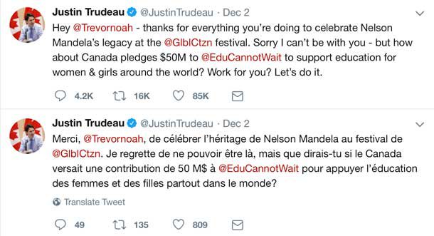 Tweet by Prime Minister Justin Trudeau