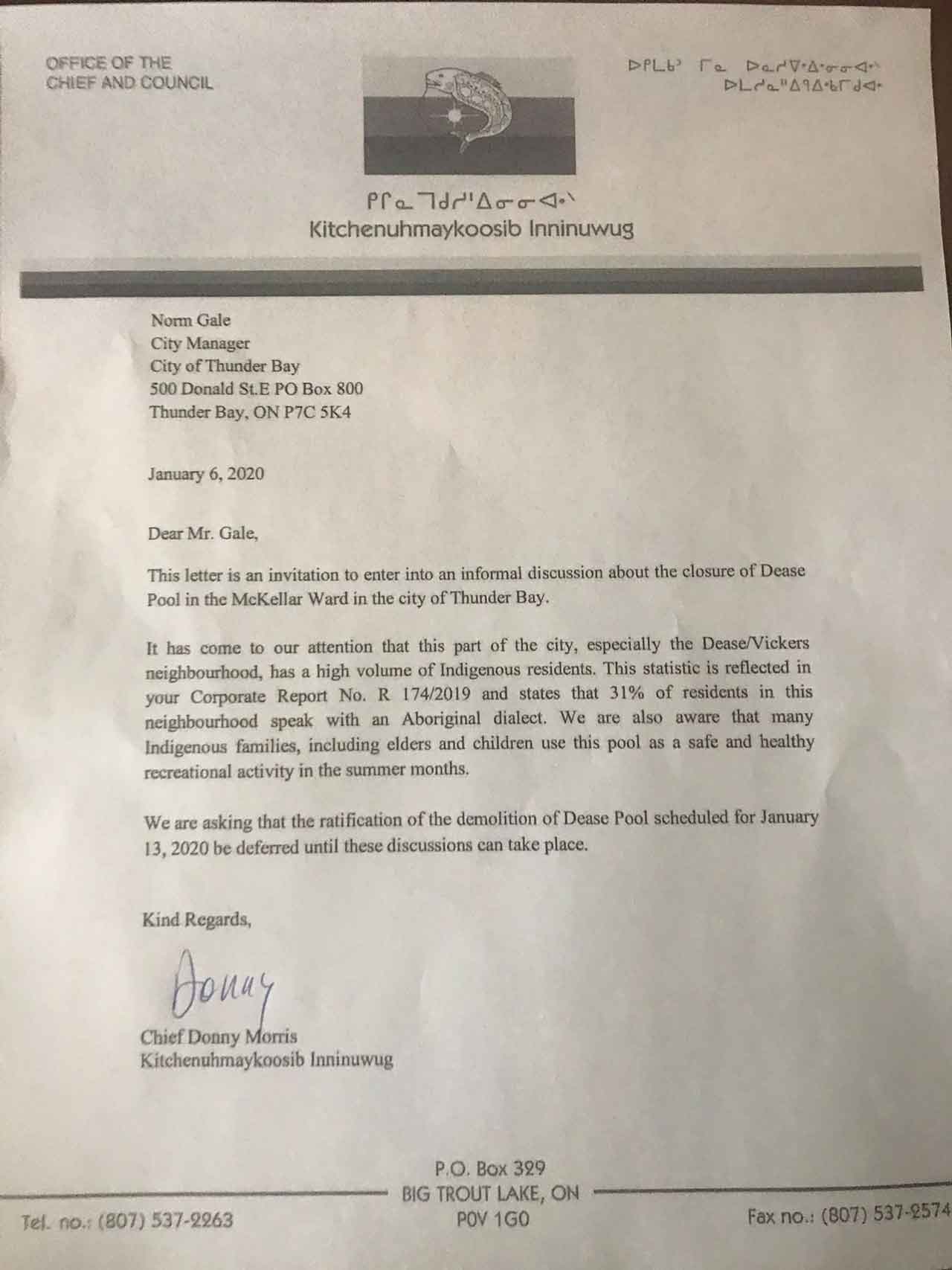 Copy of Letter to City of Thunder Bay Manager Norm Gale from KI Chief Donny Morris