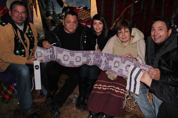 Anishinabek Nation Lake Huron Regional Chief Isadore Day Wiindawtegowinini, Grand Council Chief Patrick Wedaseh Madahbee and Deputy Grand Council Chief Glen Hare (out of frame) visited Attawapiskat Chief Theresa Spence at Victoria Island today. They were also joined by Federation of Saskatchewan Indian Nations Chief Perry Bellegarde.