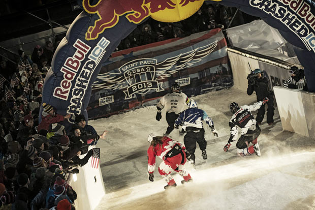 Athletes compete during the Red Bull Crashed Ice, the Ice Cross Downhill World Championship 2013, in Saint Paul, Minnesota, United States on January 26, 2013. Photo by Jörg Mitter