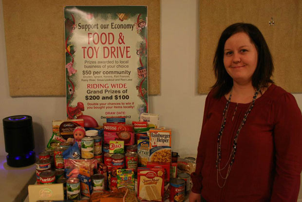 Kenora Rainy River MPP Sarah Campbell with donations made to local food banks.