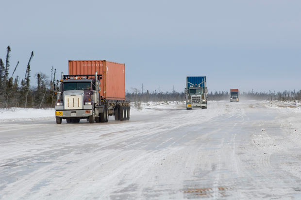 De Beers trucks on the ice road headed into Victor Mine - Image courtesy De Beers