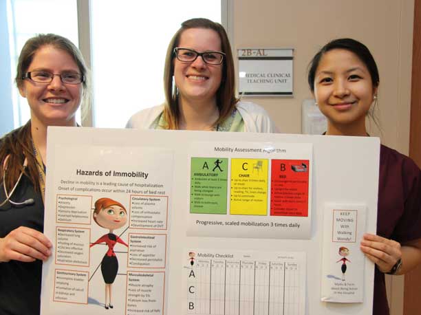 Registered Nurses (from left to right) Nicole Sereda, Melayne Swant and Tram Dao are collaborating with other healthcare team members on the 2B Medical unit in the MOVE ON project to promote mobilization and prevent decline in older hospital patients.