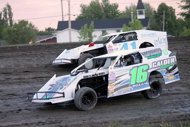 #16 Gavin Paull took over the lead from Ron Korpi early on in the feature to win back to back in Emo.