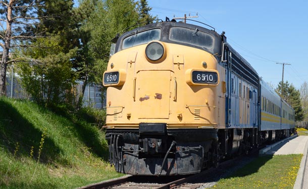 VIA Rail train at Kam River Park near the downtown South Core CBD