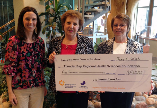 Ladies of the Italian Society of Port Arthur continue their generous tradition of supporting the Northern Cancer Fund with proceeds from their annual Spring Tea, among other donations. Presenting the $5,000 cheque are Lena Gazzola (centre) and Rita Costanzo (right) and accepting on behalf of the Thunder Bay Regional Health Sciences Foundation is Heather Vita (left).