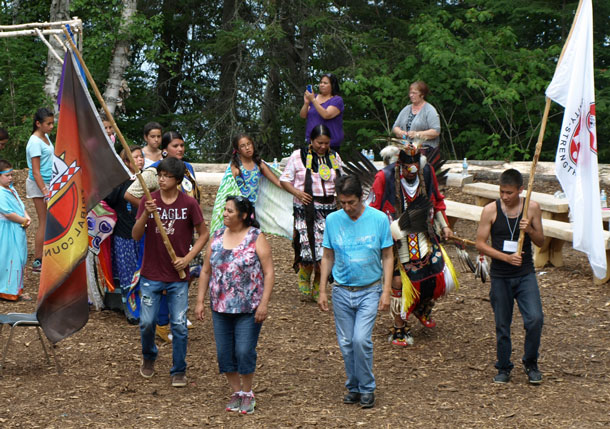 THE SEVENTH ANNUAL WABUN YOUTH GATHERING featured a mini Pow Wow that was developed and performed by Aboriginal youth. Leading the Pow Wow are from L-R: Brent Boissoneau, Mattagami FN: Chief Elenore Hendrix, Matachewan FN; Chief Walter Naveau, Mattagami FN and Travis Swanson, Brunswick House FN.