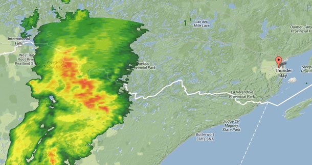This is the Weather Radar Map at 18:50EDT - Large Storm is west of Thunder Bay