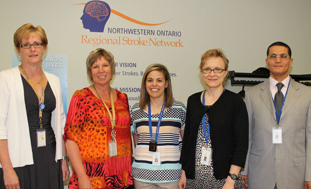 Members of the Stroke Prevention Clinic at TBRHSC include (left to right) Caterina Kmill, Director of the Regional Stroke Program, Sharon Jaspers, Nurse Practitioner, Marisa Tamasi, Registered Dietitian, Dr. Elena Sokolova, Neurologist and Dr. Ayman Hassan, Neurologist and the Program’s Medical Lead. 