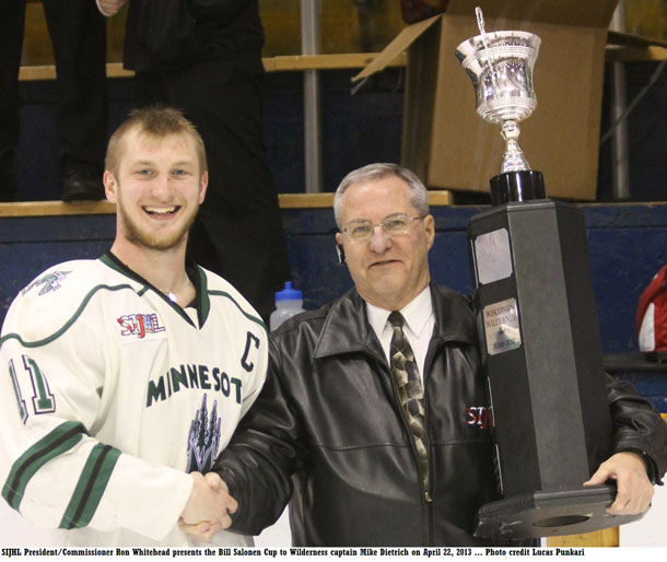 SIJHL most valuable player Mike Dietrich receives award from League President