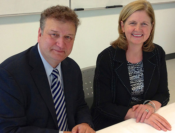 Lakehead University President and Vice-Chancellor Dr. Brian Stevenson and Georgian College President and CEO Dr. MaryLynn West-Moynes meet to discuss new ways of partnering. The presidents recently signed articulation agreements to allow Georgian graduates to more easily combine a diploma and a degree.