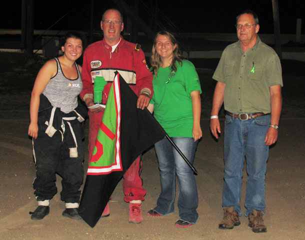 #500 Tylar Wilson won the Street Stock Feature event and the $1,225 bonus winnings from Dimit Bus Lines Ltd. and Ron's Autobody. (Left to right, Libby Wilson, Tylar Wilson, Tasha McNally, Bob Dimit)