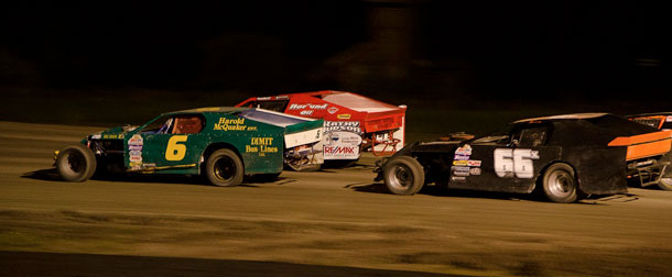 #6 Gary Wilson and #99 Glen Strachan start off the feature  race in the WISSOTA Modifieds on Saturday August 10th
