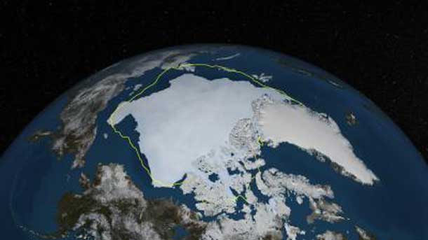 his is a depiction of Arctic sea ice on Sept. 12, 2013, the day before NSIDC estimated sea ice extent hit its annual minimum, with a line showing the 30-year average minimum extent in yellow. The data was provided by the Japan Aerospace Exploration Agency from their GCOM-W1 satellite's AMSR2 instrument. Credit: NASA Goddard's Scientific Visualization Studio/Cindy Starr