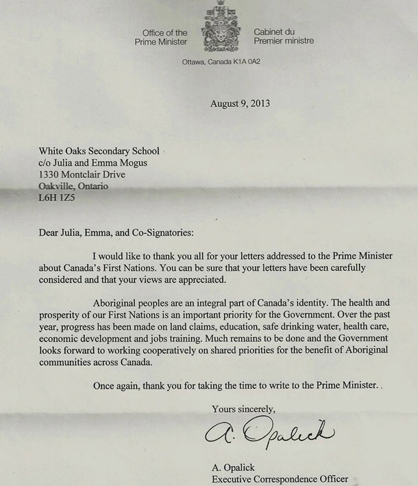 Letter received by Books With No Bounds from Prime Minister Harper's Office
