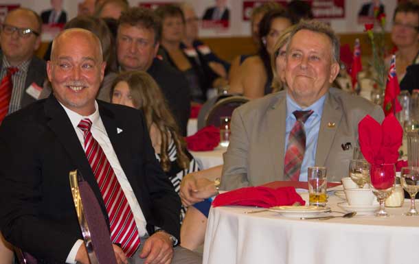 Larry Joy and Minister Gravelle listening to Premier Kathleen Wynne talk about the Minister and Thunder Bay Superior North MPP