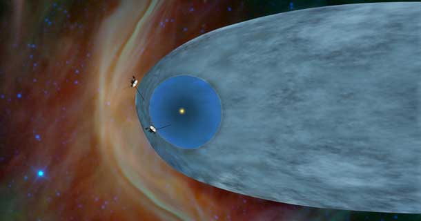 This artist's concept shows the general locations of NASA's two Voyager spacecraft. Voyager 1 (top) has sailed beyond our solar bubble into interstellar space, the space between stars. Its environment still feels the solar influence. Voyager 2 (bottom) is still exploring the outer layer of the solar bubble. Image credit: NASA/JPL-Caltech