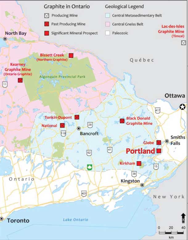 Map of Pistol Bay's Ontario Graphite exploration and drill sites