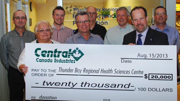 Presenting the proceeds from the 11th Annual Central Canada Industries Charity Classic are, from left to right, Jamie Tomcko, Bea Semenuk, Landon Maunula, Wayne Maunula, Wally Phillips, Chris Michels,  Glenn Craig, and Peter Lepage.  This year’s tournament raised $20,000 which will support the Centre for Diabetes Care at Thunder Bay Regional Health Sciences Centre, the Northern Cardiac Fund and the Northern Cancer Fund.