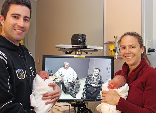 Thanks to tele-visitation, Christopher and Jillian Courtis, who travelled to Thunder Bay for the birth of their twins, were able to visit with the babies’ great-grandparents in Rainy River.